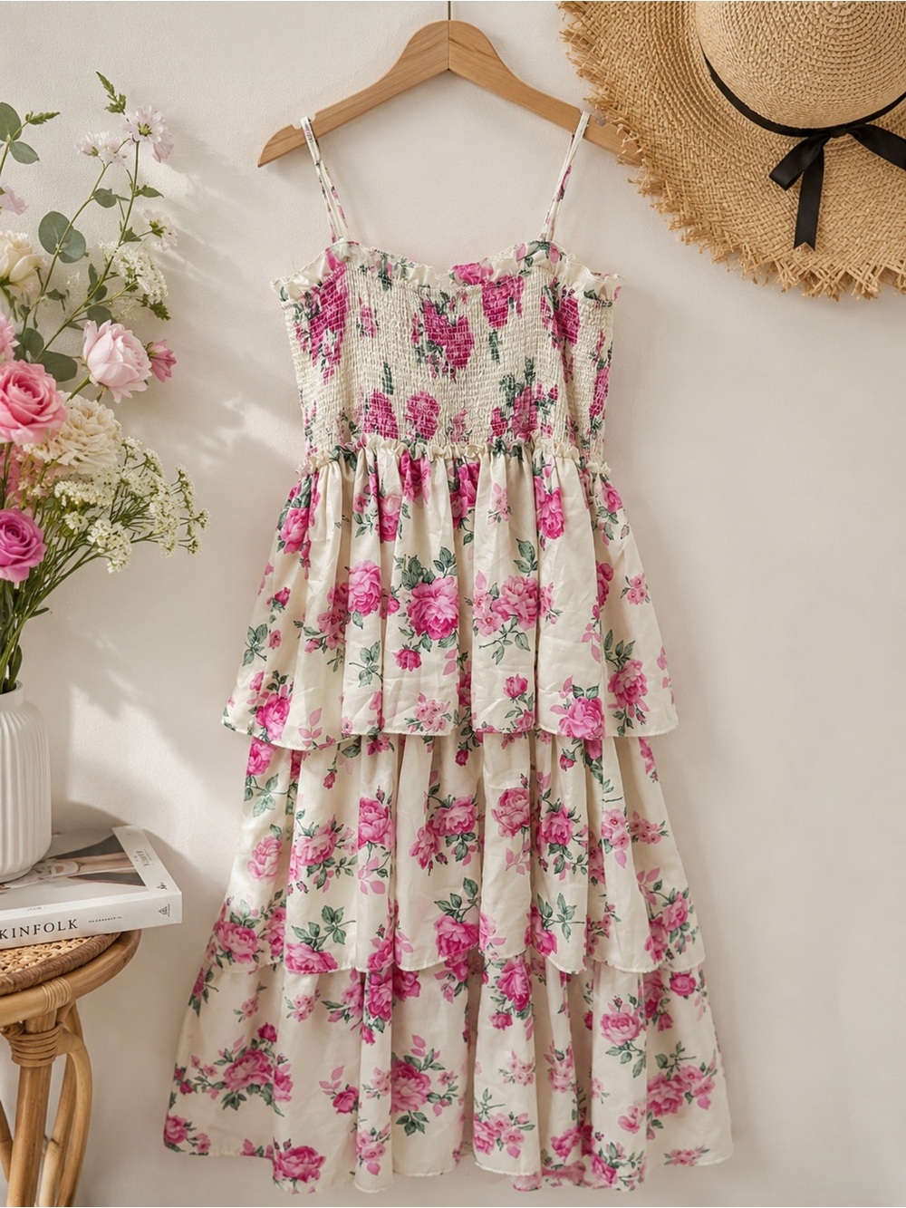 LoveShackFancy x Target Cream Floral Tiered Sundress with Pink Roses